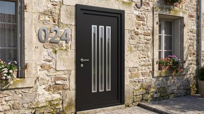 Porte d'entrée PVC sur mesure Semi-Vitrée Moderne, 3 Fentes Verticales – modèle 024, photo d'ambiance