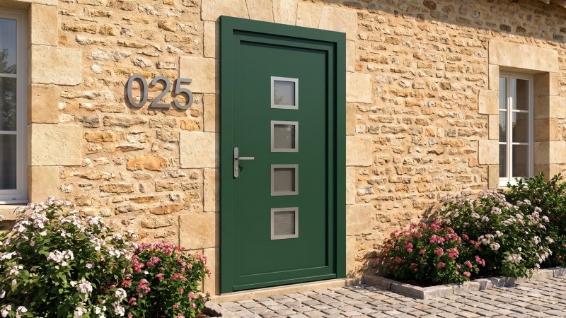 Porte d'entrée PVC sur mesure Semi-Vitrée Moderne, 4 Carreaux en Colonne – modèle 025, photo d'ambiance