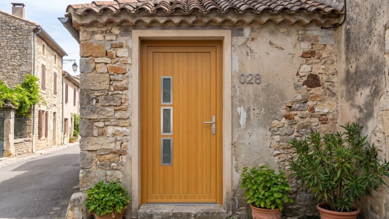 Porte d'entrée PVC sur mesure Semi-Vitrée Moderne, 3 Vitrages Décalés – modèle 028, photo d'ambiance