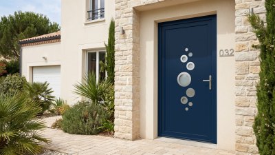 Porte d'entrée PVC sur mesure Semi-Vitrée Design, Hublot et Cascade de Cercles – modèle 032, photo d'ambiance