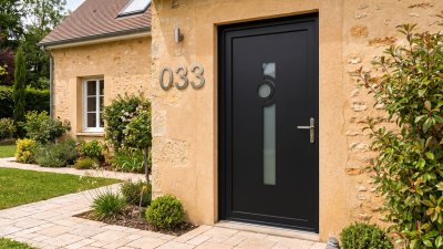 Porte d'entrée PVC sur mesure Semi-Vitrée Moderne, Long Vitrage et Hublot – modèle 033, photo d'ambiance