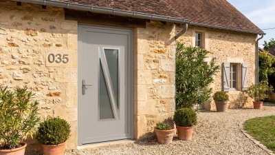 Porte d'entrée PVC sur mesure Vitrée Moderne, Vitrage Tranché en Diagonale – modèle 035, photo d'ambiance