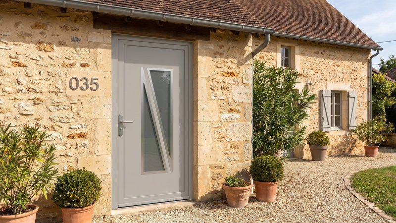 Porte d'entrée PVC sur mesure Vitrée Moderne, Vitrage Tranché en Diagonale – modèle 035, photo d'ambiance