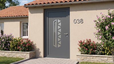 Porte d'Entrée PVC Sur Mesure – Semi-Vitrée Design, Vitrage Élancé et Dents de Scie