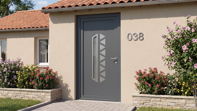 Porte d'entrée PVC sur mesure Semi-Vitrée Design, Vitrage Élancé et Dents de Scie – modèle 038, photo d'ambiance