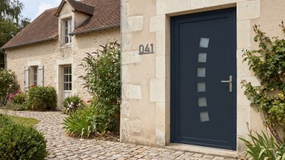 Porte d'Entrée PVC Sur Mesure – Semi-Vitrée Design, 6 Carreaux en Arc