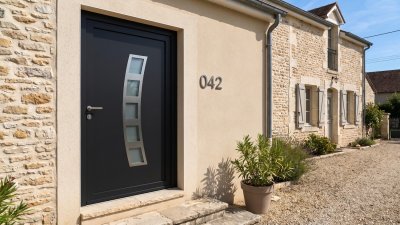 Porte d'entrée PVC sur mesure Semi-Vitrée Design, Bandeau Cintré à 5 Vitrages – modèle 042, photo d'ambiance