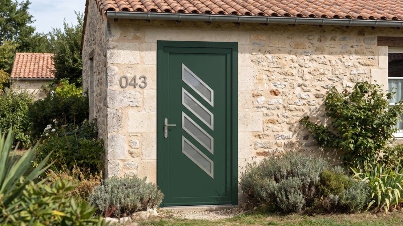 Porte d'entrée PVC sur mesure Semi-Vitrée Design, 4 Vitrages Obliques – modèle 043, photo d'ambiance