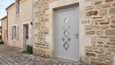 Porte d'entrée PVC sur mesure Semi-Vitrée Style Ancien, 3 Losanges – modèle 044, photo d'ambiance