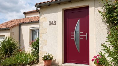 Porte d'Entrée PVC Sur Mesure – Semi-Vitrée Design, Croissant et 6 Barrettes