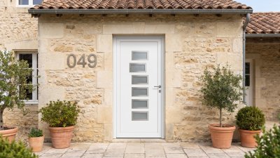Porte d'entrée PVC sur mesure Semi-Vitrée Moderne, 6 Vitrages Horizontaux Décalés – modèle 049, photo d'ambiance