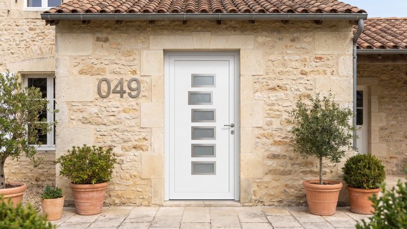 Porte d'entrée PVC sur mesure Semi-Vitrée Moderne, 6 Vitrages Horizontaux Décalés – modèle 049, photo d'ambiance