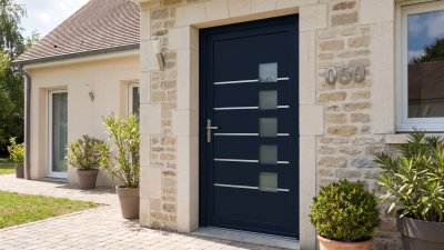 Porte d'entrée PVC sur mesure Semi-Vitrée Moderne, 5 Carreaux et Longues Baguettes – modèle 050, photo d'ambiance