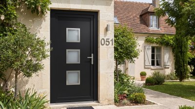 Porte d'entrée PVC sur mesure Semi-Vitrée Moderne, 3 Carreaux au Centre – modèle 051, photo d'ambiance