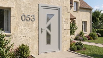 Porte d'Entrée PVC Sur Mesure – Semi-Vitrée Design, 3 Vitrages Anguleux