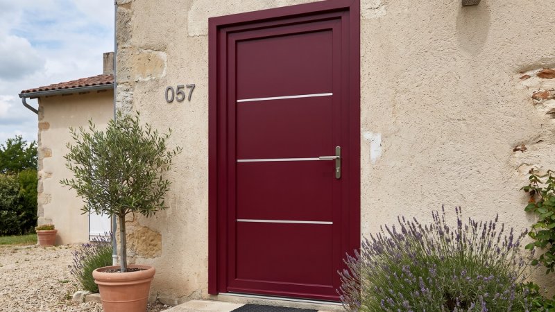 Porte d'entrée PVC sur mesure Pleine Moderne, 3 Baguettes Horizontales – modèle 057, photo d'ambiance
