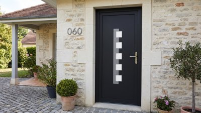 Porte d'entrée PVC sur mesure Semi-Vitrée Moderne, Bande Verticale et 5 Carreaux – modèle 060, photo d'ambiance