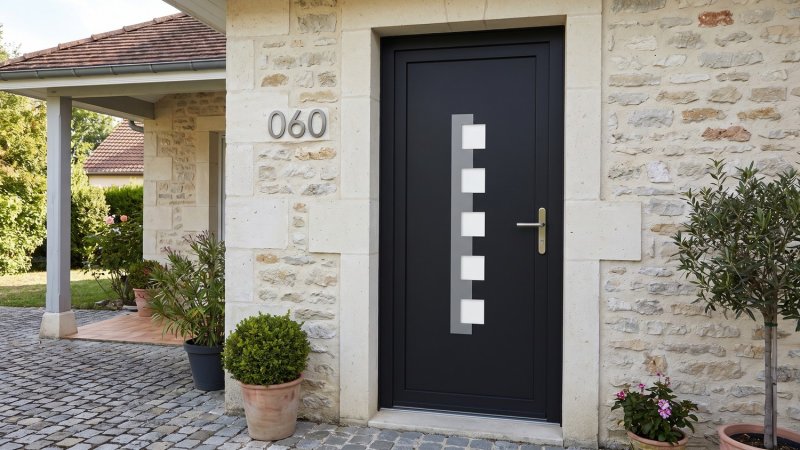 Porte d'entrée PVC sur mesure Semi-Vitrée Moderne, Bande Verticale et 5 Carreaux – modèle 060, photo d'ambiance