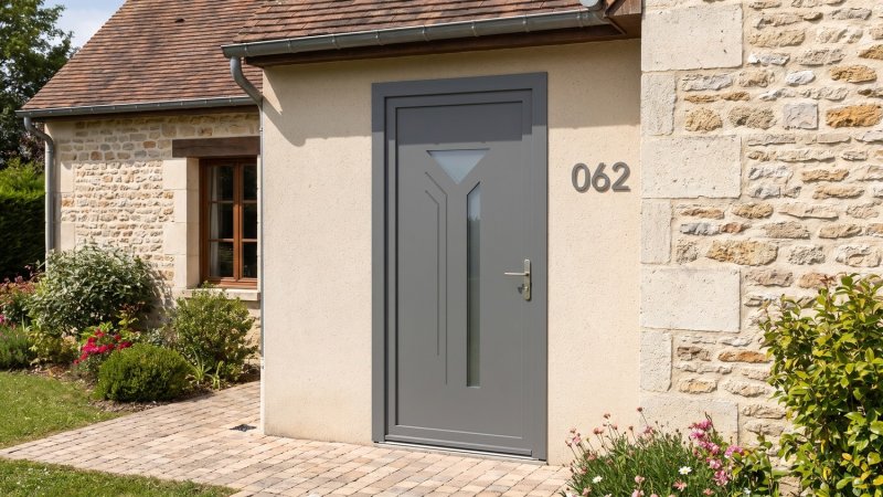 Porte d'entrée PVC sur mesure Semi-Vitrée Design, Triangle, Fente et Rainures – modèle 062, photo d'ambiance