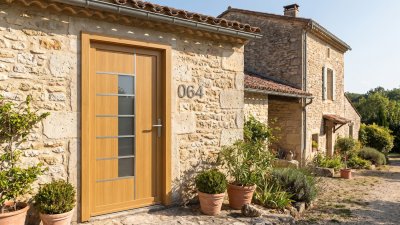 Porte d'entrée PVC sur mesure Vitrée Moderne, Vitrage Vertical et 6 Baguettes – modèle 064, photo d'ambiance
