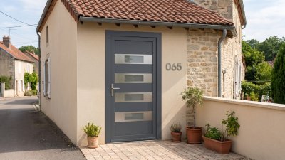 Porte d'Entrée PVC Sur Mesure – Semi-Vitrée Moderne, 4 Bandeaux Vitrés