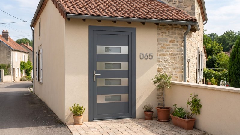 Porte d'entrée PVC sur mesure Semi-Vitrée Moderne, 4 Bandeaux Vitrés – modèle 065, photo d'ambiance