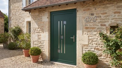 Porte d'entrée PVC sur mesure Semi-Vitrée Design, 3 Carreaux et Fines Lignes – modèle 070, photo d'ambiance