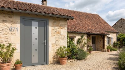 Porte d'entrée PVC sur mesure Semi-Vitrée Moderne, Bande Semée de 6 Carreaux – modèle 071, photo d'ambiance