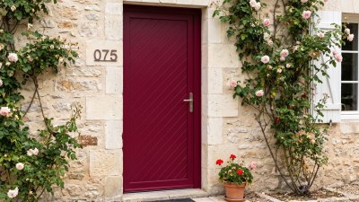 Porte d'Entrée PVC Sur Mesure – Pleine Style Ancien, Rainures en Biais Encadrées