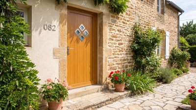 Porte d'Entrée PVC Sur Mesure – Semi-Vitrée Design, Rosace de 4 Losanges