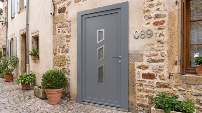 Porte d'entrée PVC sur mesure Semi-Vitrée Design, 3 Parallélogrammes – modèle 089, photo d'ambiance