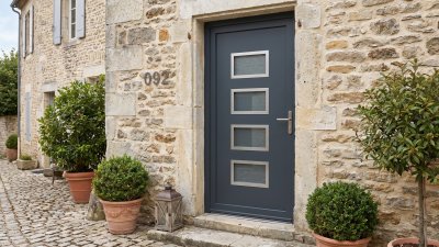 Porte d'entrée PVC sur mesure Vitrée Moderne, 4 Vitrages Horizontaux en Échelle – modèle 092, photo d'ambiance