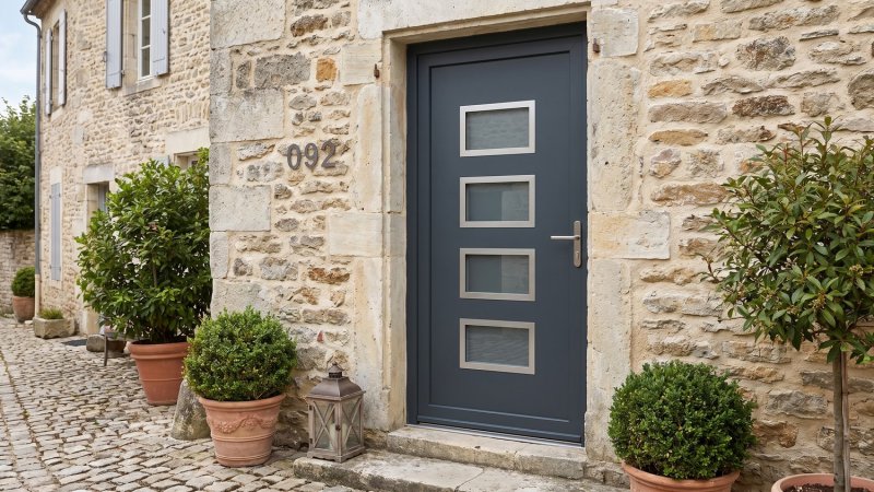 Porte d'entrée PVC sur mesure Vitrée Moderne, 4 Vitrages Horizontaux en Échelle – modèle 092, photo d'ambiance