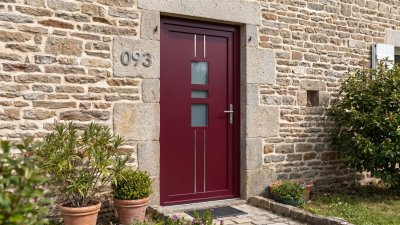 Porte d'Entrée PVC Sur Mesure – Semi-Vitrée Moderne, 3 Vitrages et Baguettes Verticales