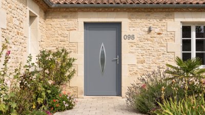 Porte d'entrée PVC sur mesure Semi-Vitrée Design, Vitrage en Navette – modèle 098, photo d'ambiance