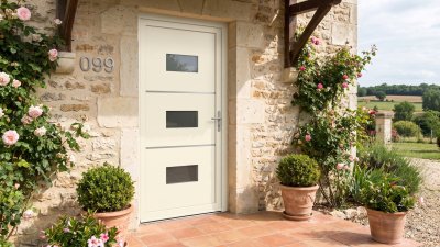 Porte d'entrée PVC sur mesure Semi-Vitrée Moderne, 3 Vitrages Horizontaux et Baguettes – modèle 099, photo d'ambiance