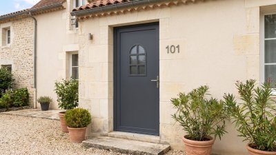 Porte d'entrée PVC sur mesure Semi-Vitrée Style Ancien, Fenêtre Cintrée à Croisillons – modèle 101, photo d'ambiance