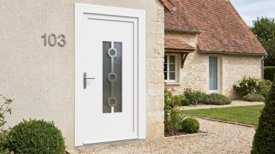 Porte d'entrée PVC sur mesure Vitrée Design, Haut Vitrage et 3 Anneaux – modèle 103, photo d'ambiance