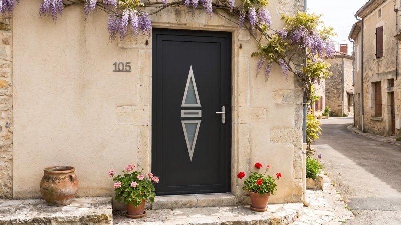 Porte d'entrée PVC sur mesure Semi-Vitrée Design, 2 Triangles Opposés – modèle 105, photo d'ambiance