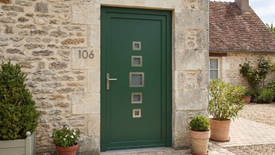 Porte d'entrée PVC sur mesure Semi-Vitrée Moderne, 5 Carreaux Gradués – modèle 106, photo d'ambiance