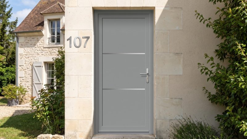 Porte d'entrée PVC sur mesure Pleine Moderne, 2 Baguettes Horizontales – modèle 107, photo d'ambiance