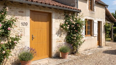 Porte d'Entrée PVC Sur Mesure – Pleine Moderne, 2 Rainures Horizontales