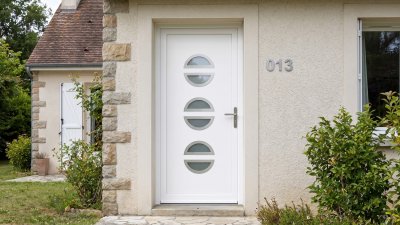Porte d'entrée PVC sur mesure Semi-Vitrée Moderne, 3 Hublots Fendus – modèle 013, photo d'ambiance