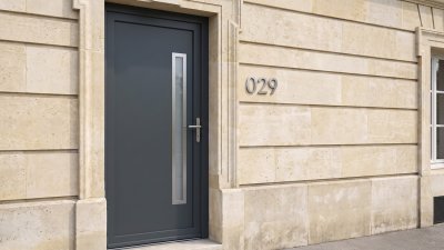 Porte d'entrée PVC sur mesure Semi-Vitrée Moderne, Fente Vitrée Latérale – modèle 029, photo d'ambiance