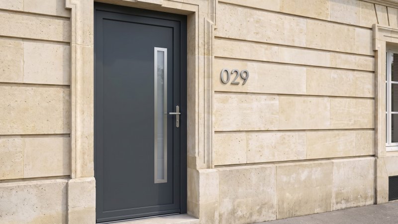 Porte d'entrée PVC sur mesure Semi-Vitrée Moderne, Fente Vitrée Latérale – modèle 029, photo d'ambiance