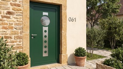 Porte d'entrée PVC sur mesure Semi-Vitrée Design, Hublot et Bande Percée – modèle 061, photo d'ambiance
