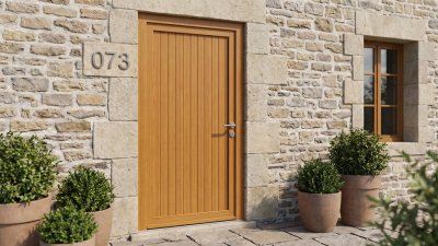 Porte d'entrée PVC sur mesure Pleine Style Fermière, Lames Verticales – modèle 073, photo d'ambiance