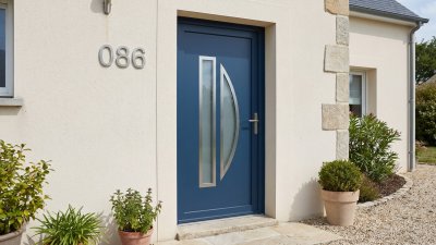 Porte d'entrée PVC sur mesure Vitrée Design, Long Vitrage et Demi-Lune – modèle 086, photo d'ambiance