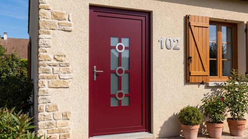 Porte d'entrée PVC sur mesure Vitrée Style Ancien, Croisillons et 3 Anneaux – modèle 102, photo d'ambiance