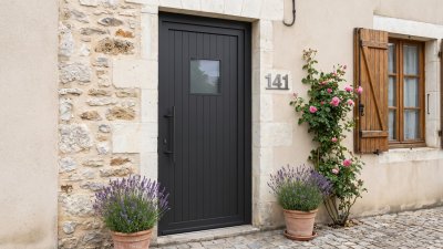 Porte d'entrée PVC sur mesure Semi-Vitrée Style Fermière, Carreau sur Lames – modèle 141, photo d'ambiance